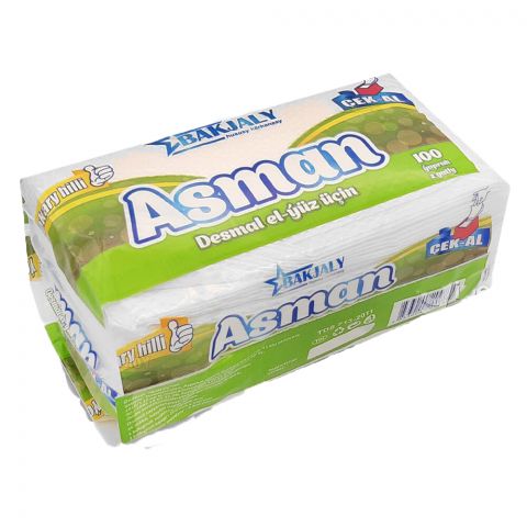 Asman el-ýüz üçin desmal, 100 sany 20 sm x 19 sm, 2 gatly, ak reňkli, basylyp nagyş salnan, 100 sany